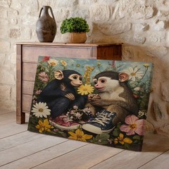 Cute baby monkeys with colorful sneakers and flowers canvas wall art decor print
