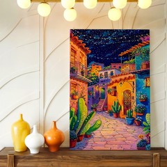 Wall Art Colorful Mediterranean Village Street Night Sky Cactus Canvas Print