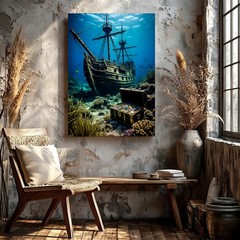 Wall Art Underwater Sunken Pirate Ship Treasure Chest Ocean Coral Canvas Print