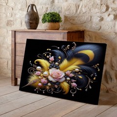 Yellow and Black Feather with Pink Roses Pearl Accents Gallery Canvas Decor