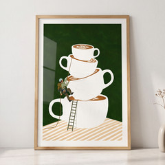 Stacked Coffee Cups Mountain Climbing Poster Whimsical Kitchen Wall Art Decor
