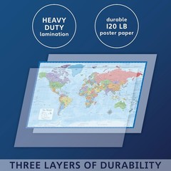 Laminated World Map Poster – Wall Chart of Earth – 18″ x x 29″, Blue