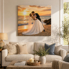 Custom Wedding Photo Canvas Print – Personalized Romantic Sunset Beach Portrait