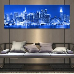 Panoramic New York Night View in Blue Black & White Canvas Wall Art Home Decor