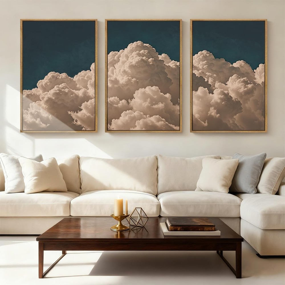 Extra Large Navy Blue Cloud Wall Art 24×36 Inch Framed Abstract Modern Landsc…