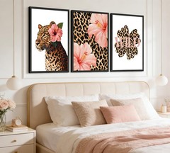3 Pcs Trendy Leopard Print Poster Wall Art,Pink Cheetah Wall Decor, Hibiscus …