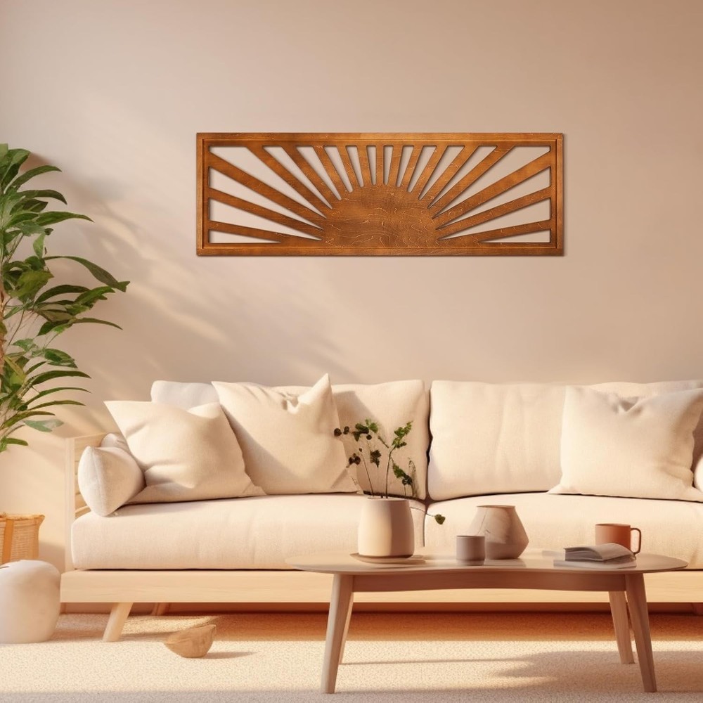 Wood Sunset Wall Art Long Horizontal Wall Art Decor Boho Sun Wall Art…