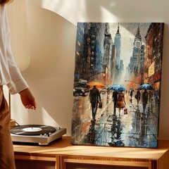 Wall Art Rainy City Street Painting Umbrella Figures Urban Skyline Canvas Poster