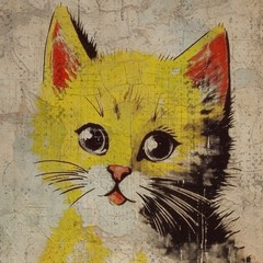 Vintage CAT Meow or Never Wall Art, Retro Kitten Cute Animal Decor, Yellow Cat