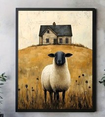 Primitive Country Farmhouse Sheep Rustic House Unframed Canvas Art Print