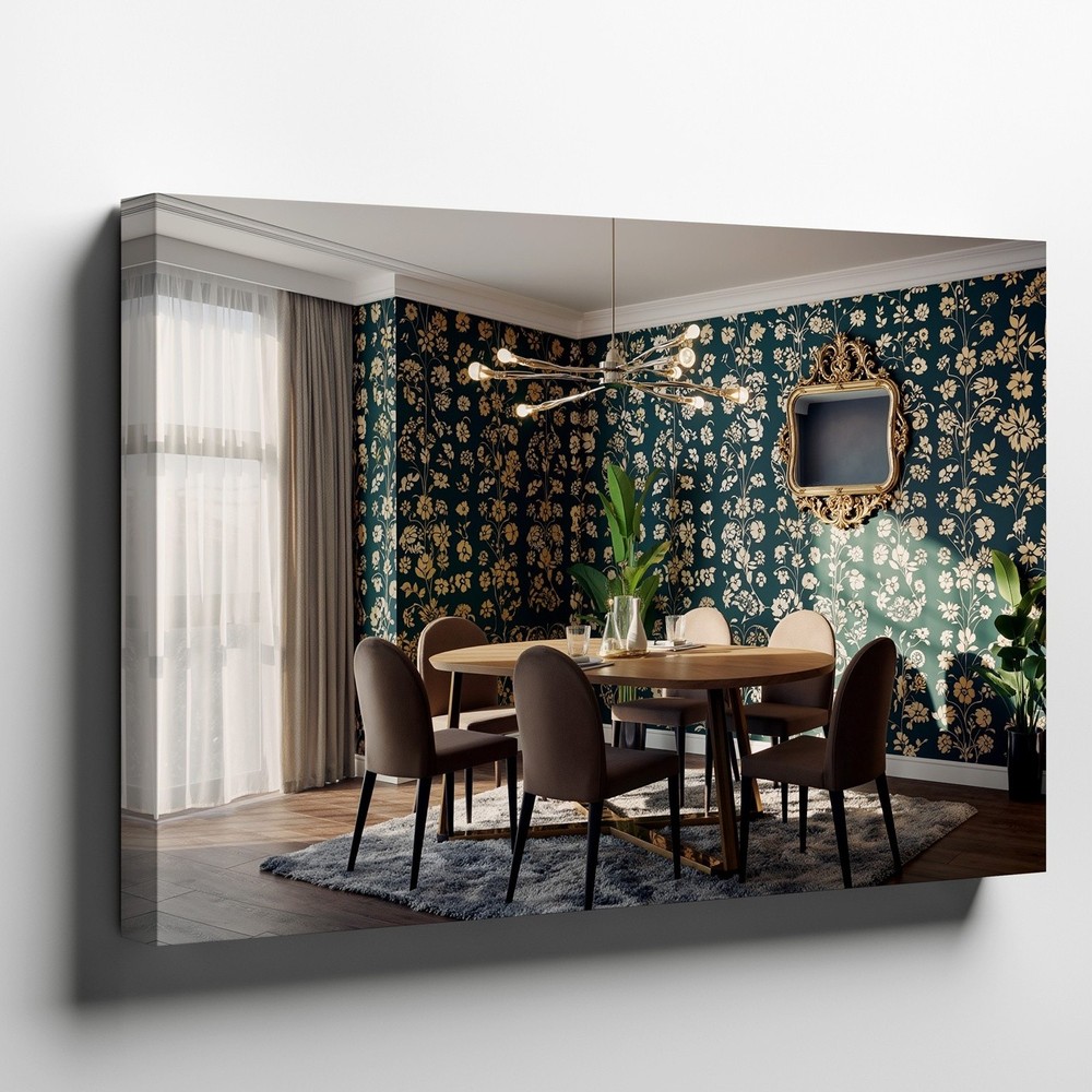 Stylish Contemporary Dining Room Featuring A Round Table Surrounded By Wall Art