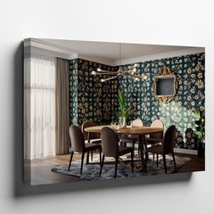 Stylish Contemporary Dining Room Featuring A Round Table Surrounded By Wall Art