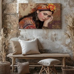 Bohemian Woman Portrait Canvas Wall Art Colorful Headscarf Floral Print Decor