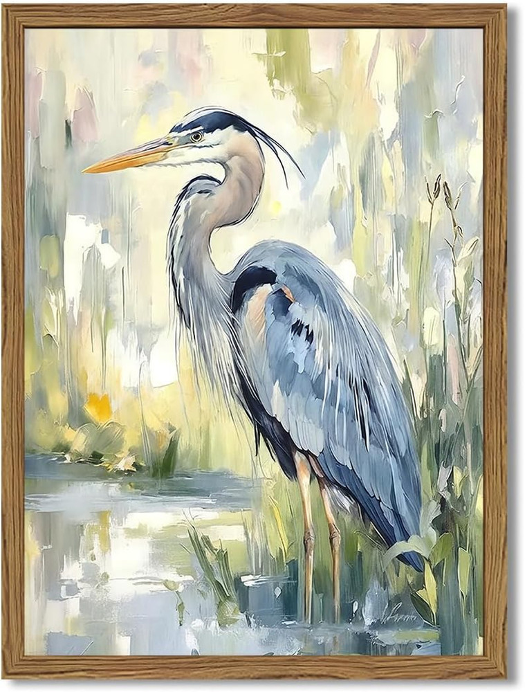 Framed Blue Heron Wall Art, Watercolor Sea Bird Pictures Wall Decor, Coastal Nat