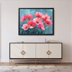 Bold Pink Floral Painting on Dark Teal Canvas, Dramatic Wildflower Botanical Art