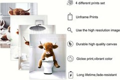 Waterproof Highland Cow Bathroom Art Prints – Humorous Decor (8×10, Set of 4)
