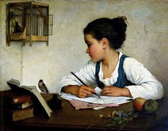 Art A Girl Writing The Pet Goldfinch. Oil Painting Giclee Print Canvas