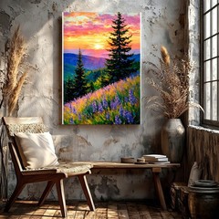 Mountain Sunrise Balcony Woman Dog Landscape Painting Canvas Bedroom House Print