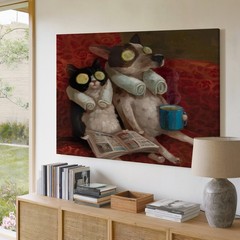 Cute Cat and Dog Spa Day Canvas Wall Art Relaxing Pets Animal Decor Print