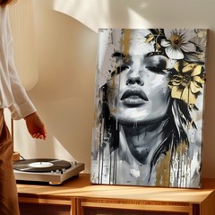 Wall Art Abstract Woman Face Floral Canvas Print Black White Gold Modern Decor