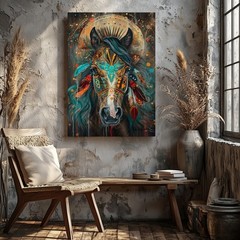 Bohemian Horse Canvas Wall Art Native American Tribal Feathers Animal Print