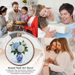 Chinoiserie Spring Floral Framed Round Wall Art,Blue and White Hydrangea Flow…
