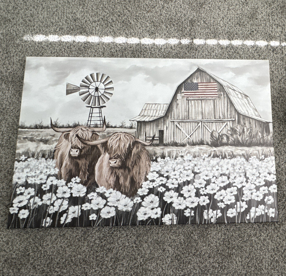 Highland Cows Farm Life Landscape Print, Horizontal Multicolor Barn Windmill