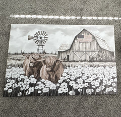 Highland Cows Farm Life Landscape Print, Horizontal Multicolor Barn Windmill