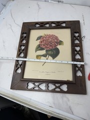 Heart Cutout Wood Frame Camellia Botanical Print Folk Art Wall Decor