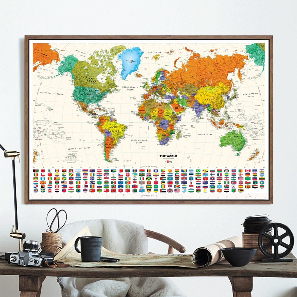 World Map Poster Details Travel Country With Flags Art Decor ( 32″ X 24″ )