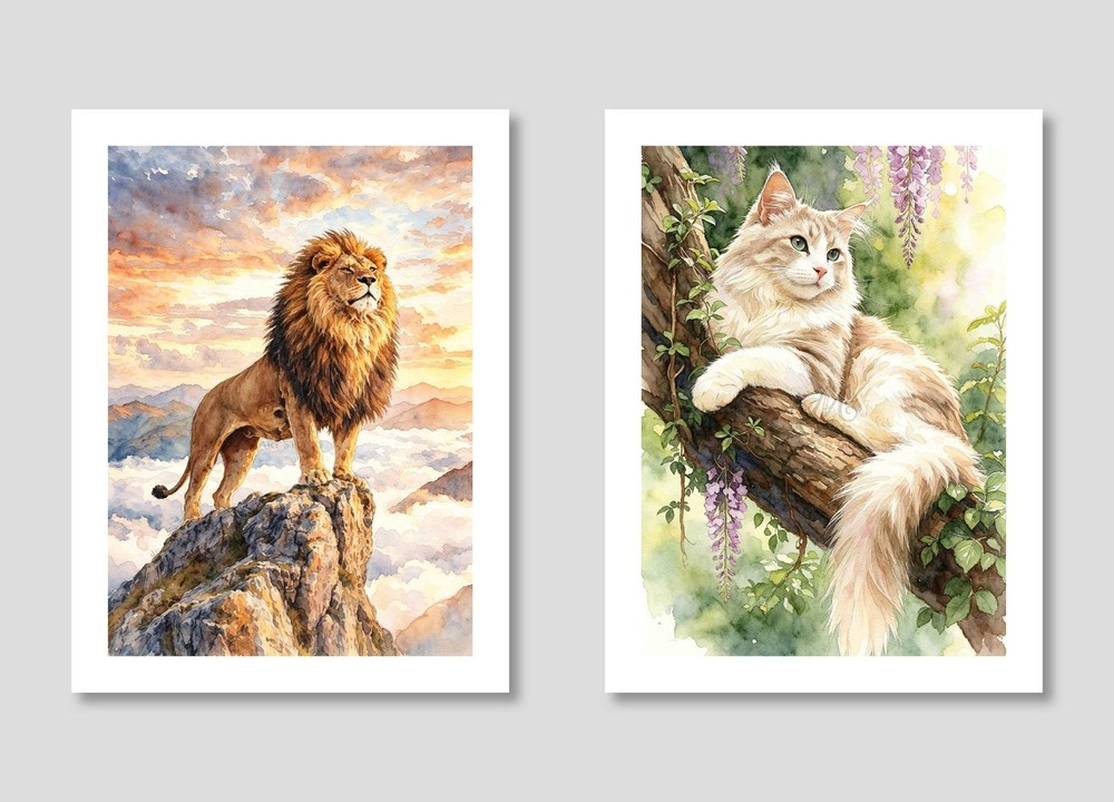 Set of 2 | Regal Lion Ragdoll Cat Floral Wildlife Watercolor Art Print 12X16″