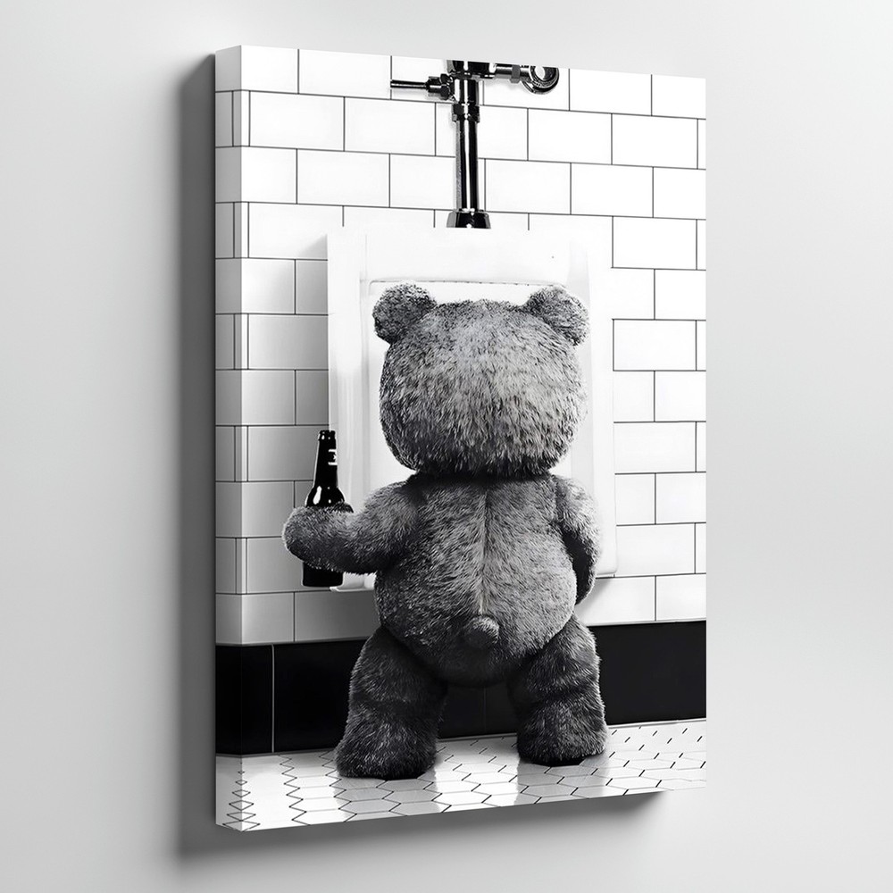 Funny Teddy Bear Drinking Beer Bathroom Humor Black And White Canvas Wall Art