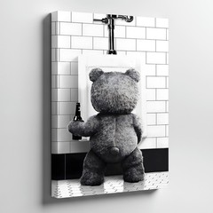 Funny Teddy Bear Drinking Beer Bathroom Humor Black And White Canvas Wall Art