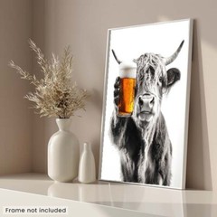Highland Cow Drinking Beer – Cute Funny Kitchen Animals – Poster