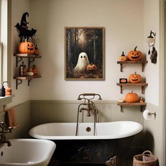 Framed Vintage Halloween Ghost Canvas Wall Art, Cute Ghost Pumpkin Wall Decor…