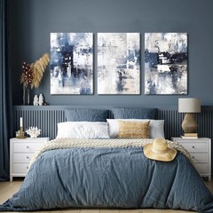 Abstract Blue White Framed Canvas Wall Art Set of 3 Navy Gray Modern 12×16″