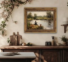 Vintage Gold Framed Boy Fishing Oil Painting Print 12x16in Farmhouse Art