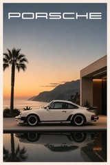 Porsche 911 Sunset Coastal Poster, Vintage Sports Car Wall Art Decor