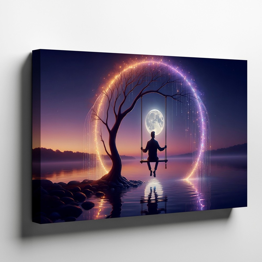 Surreal Moonlight Swing Canvas Wall Art Mystical Tree and Water Reflection Print