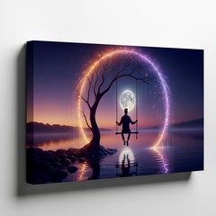 Surreal Moonlight Swing Canvas Wall Art Mystical Tree and Water Reflection Print