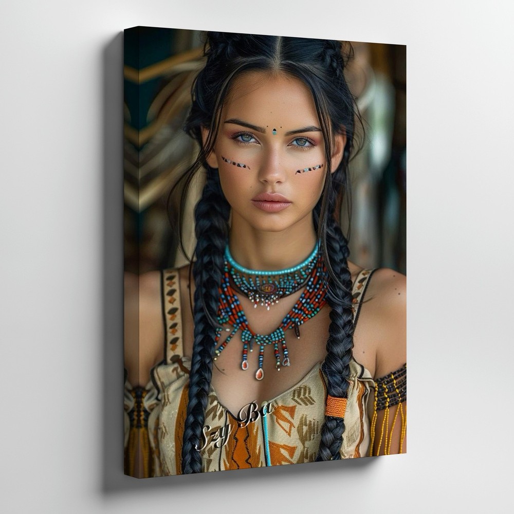 Boho Tribal Woman Portrait Canvas Wall Art Native Style Bohemian Print Art Print