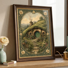 Cottagecore Hobbit House Poster Vintage Art Nouveau Fantasy Shire Wall Decor