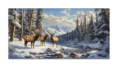 Majestic Elk Snowy Mountain Forest Canvas Art, Giclee Winter Wildlife Deer Print