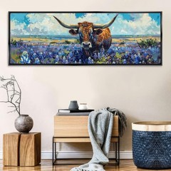 Texas Longhorn Wall Art Rustic Bluebonnet Flowers Extra Large Canvas