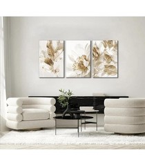 3 Pcs Modern White Floral Golden Leaves Canvas Wall Art Neutral Boho 12”x16” Ea