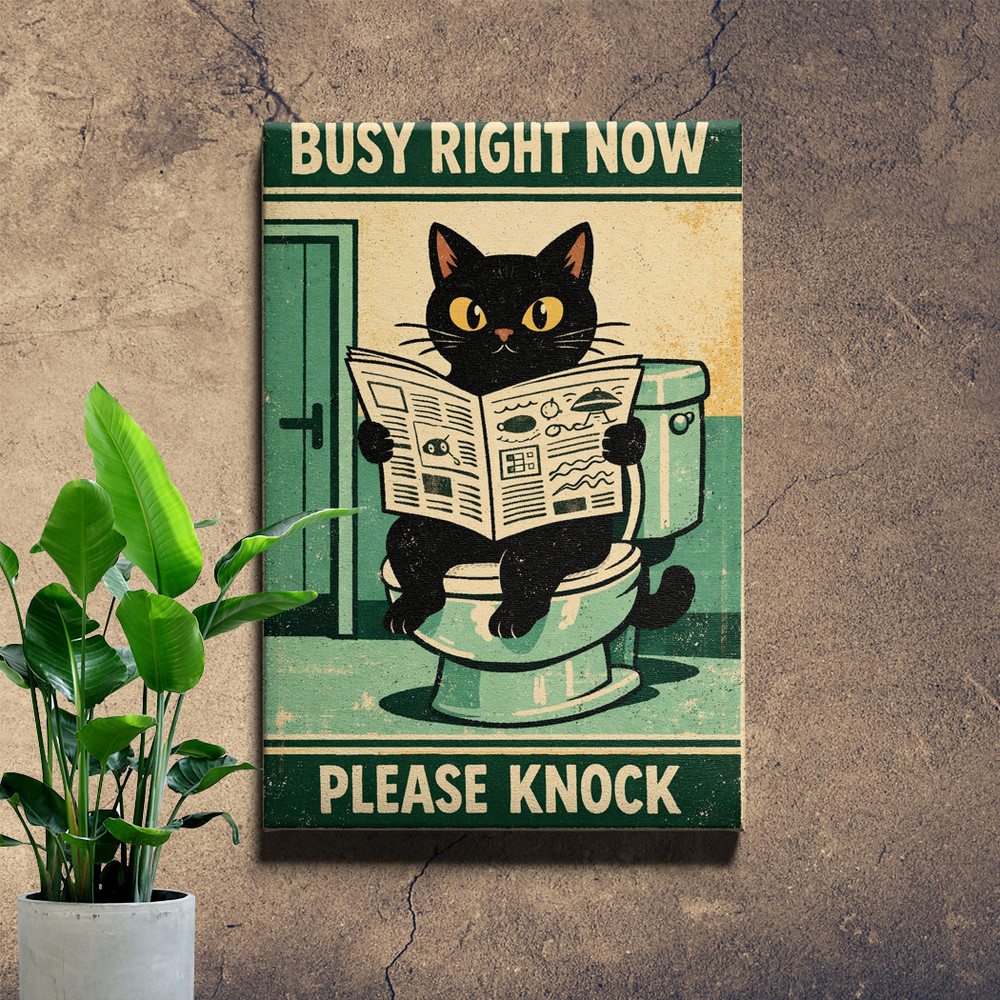 Funny Black Cat Bathroom Wall Art Reading Newspaper Illustration