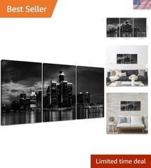 Stunning 3-Pc Framed Detroit Skyline Canvas Art in Elegant Black & White