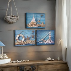 Beach Canvas Wall Art 12x16in 3 Piece Seashell Starfish Blue Board – Coastal