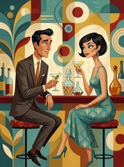 Art Deco Cocktail Poster Geometric Mid Century Modern Couple Wall Art