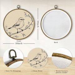 Vintage Bird Sketch round Framed Wall Art Decor Cottagecore Bird Sketch Canvas A